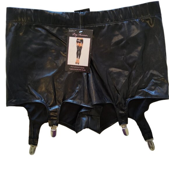 NWT Leg Avenue Costume Panty Shorts w' Attached Garters Black Wet-Look Large - Picture 1 of 4
